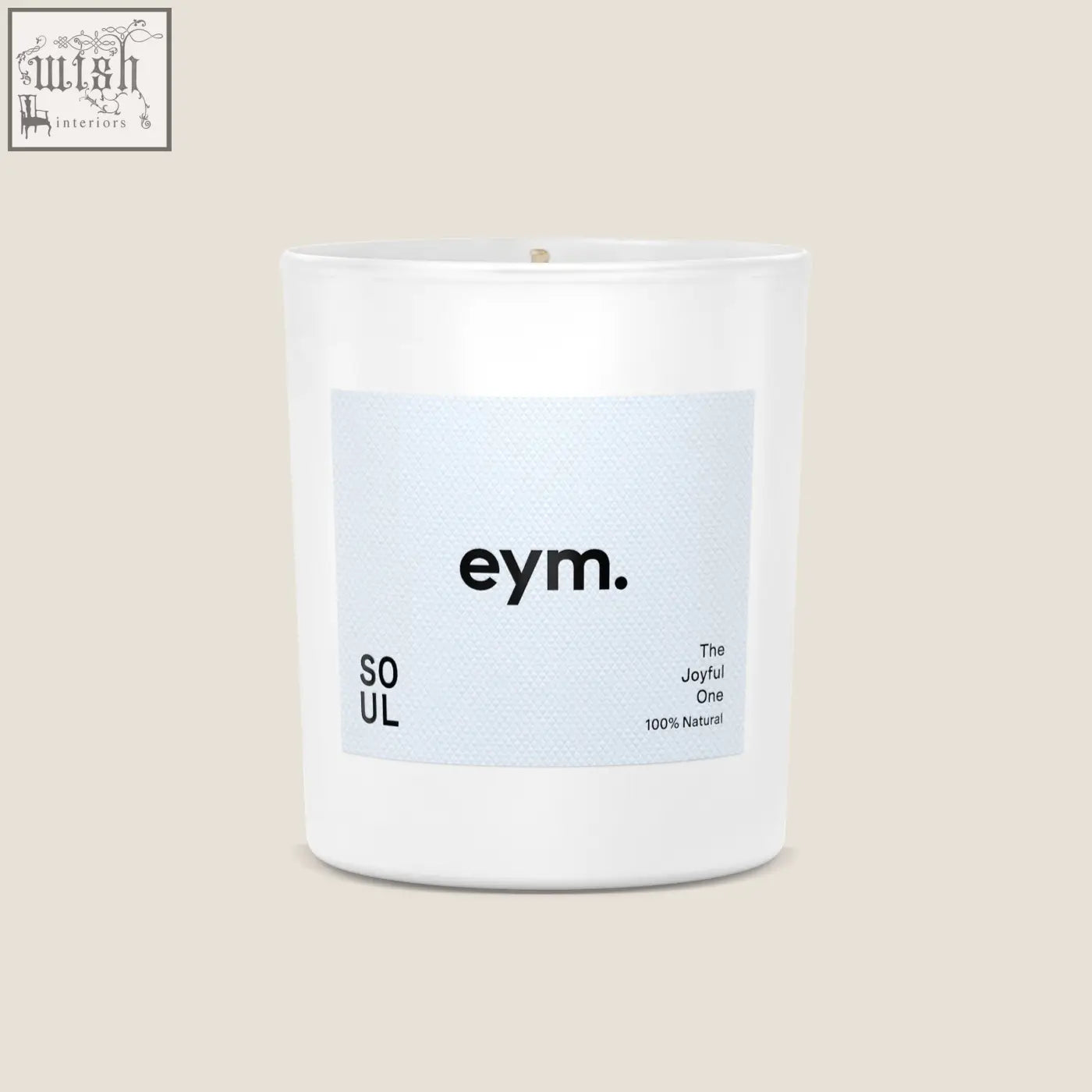 A minimalist white glass standard candle jar with a light blue eym label and soul scent in black text