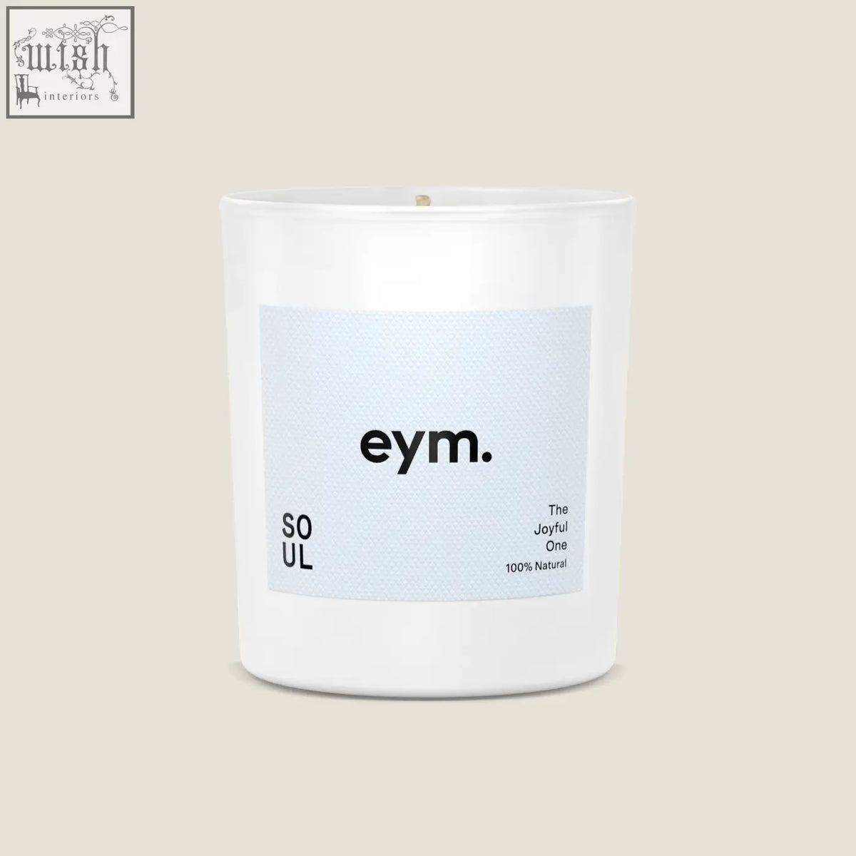 A minimalist white glass standard candle jar with a light blue eym label and soul scent in black text