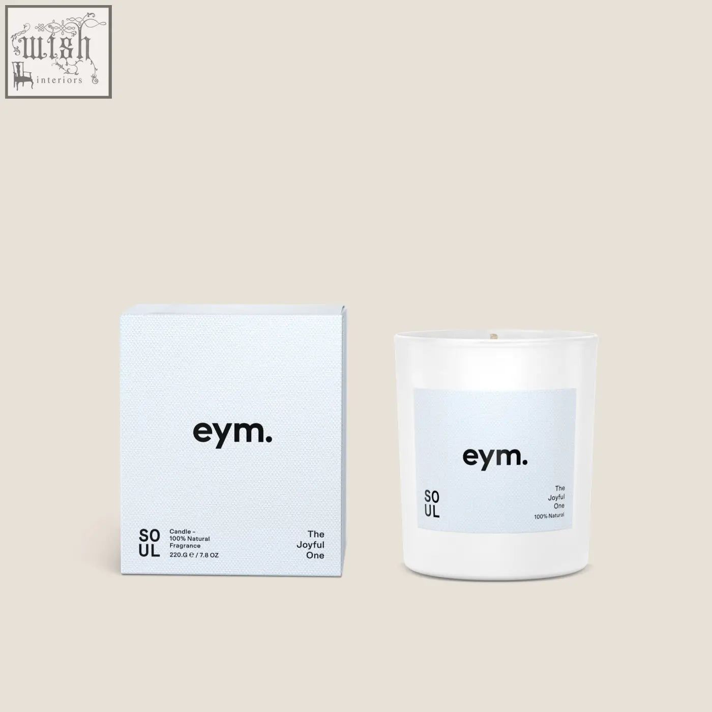White glass standard candle with minimalist eym label in a light blue textured box, soul edition