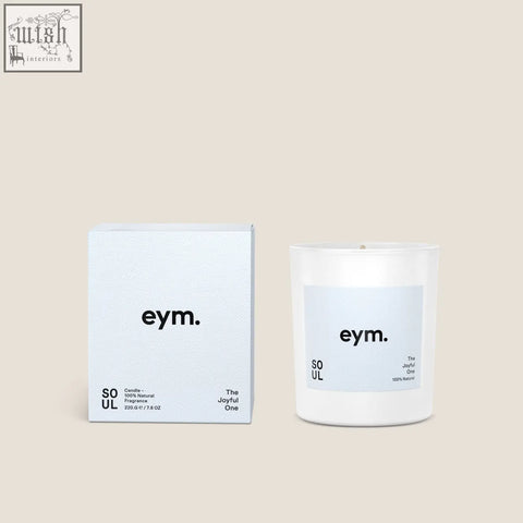 White glass standard candle with minimalist eym label in a light blue textured box, soul edition