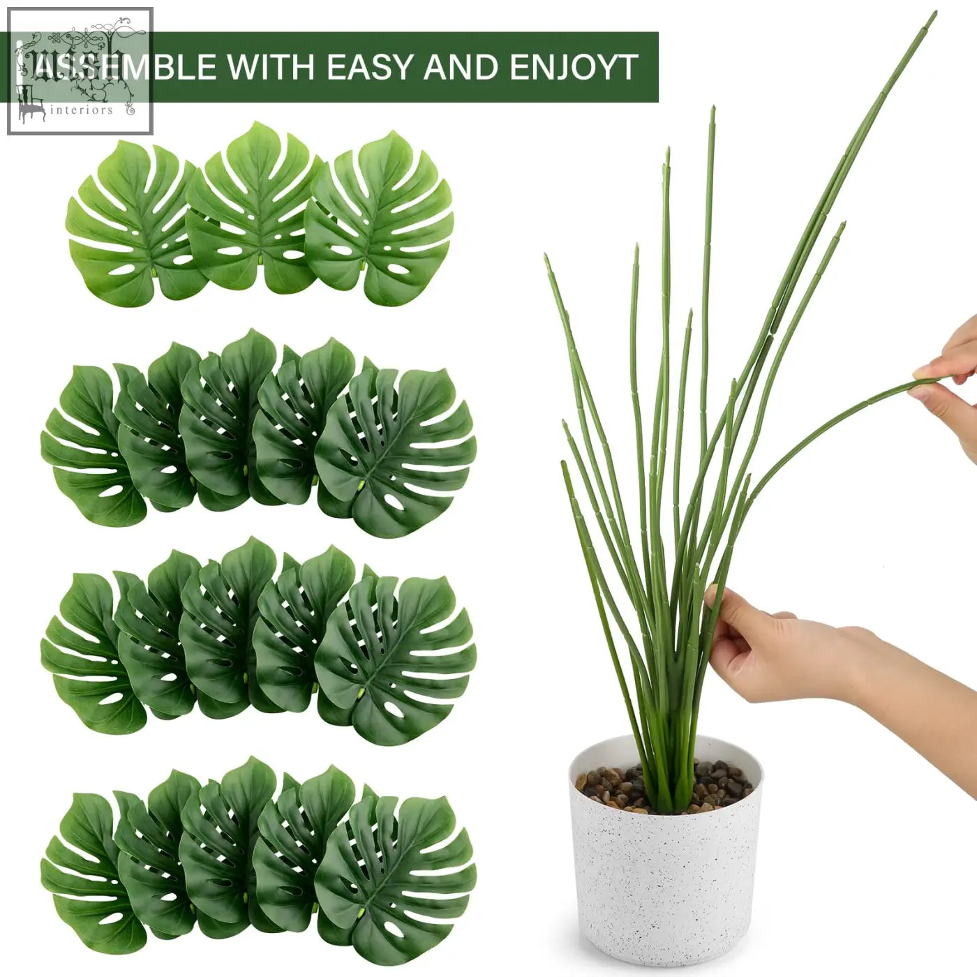 Set of fake plants with artificial monstera leaves in green shades featuring tropical palm tree style for indoor or outdoor decor