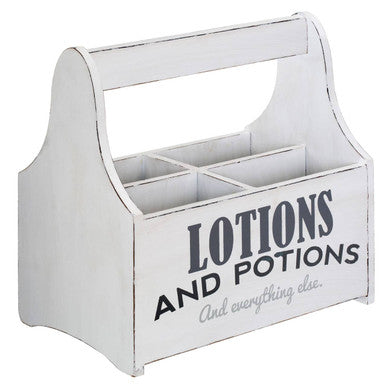 White distressed wood spa storage caddy with lotions and potions printed in black for organizing spa items