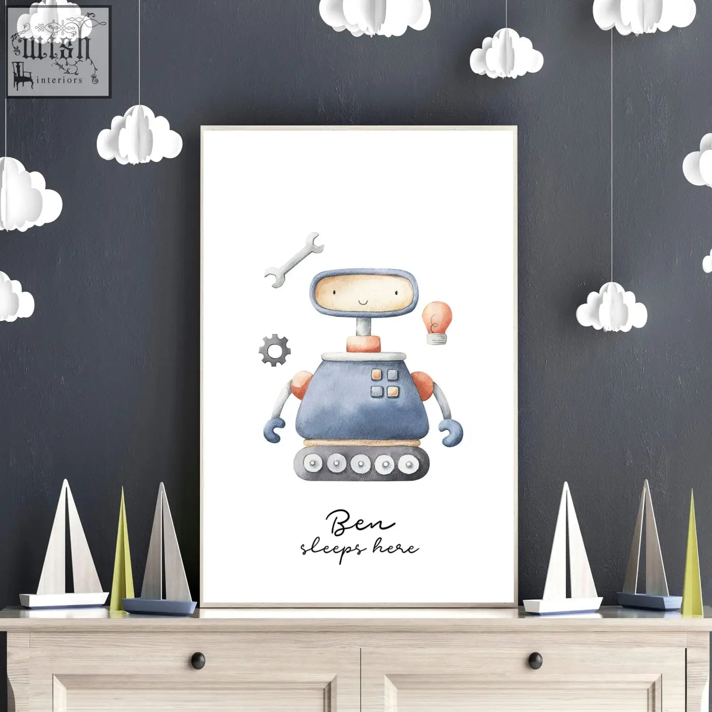 A charming blue and orange robot wall art print holding tools surrounded by clouds for nursery decor