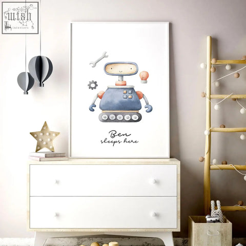 A charming wall art print of a friendly blue and orange robot in a white frame for nursery decor