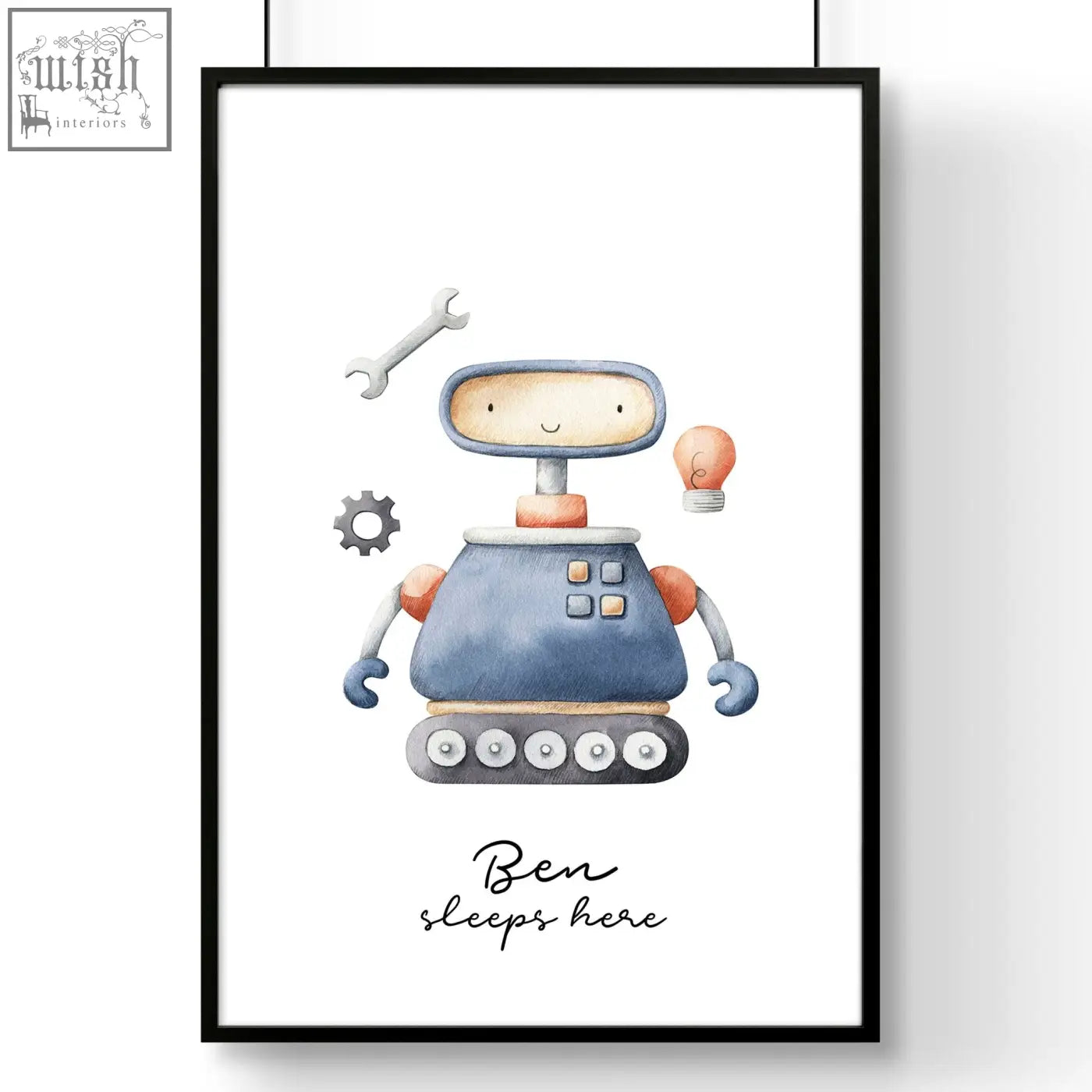 A charming blue and orange robot wall art print with tools and lightbulbs perfect for nursery space and planets decor
