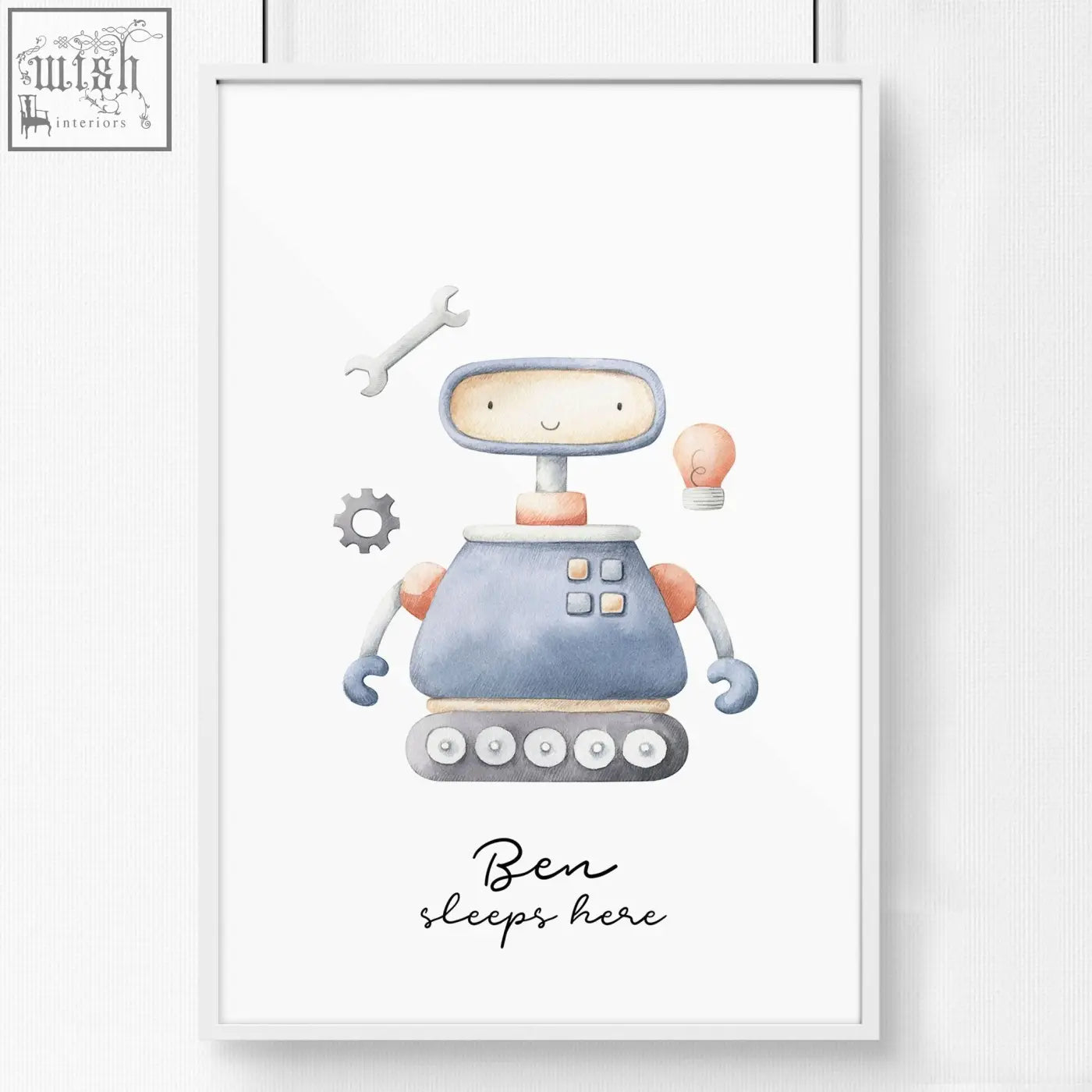 A charming space and planets robot wall art print featuring a friendly blue and orange robot with tools for nursery decor