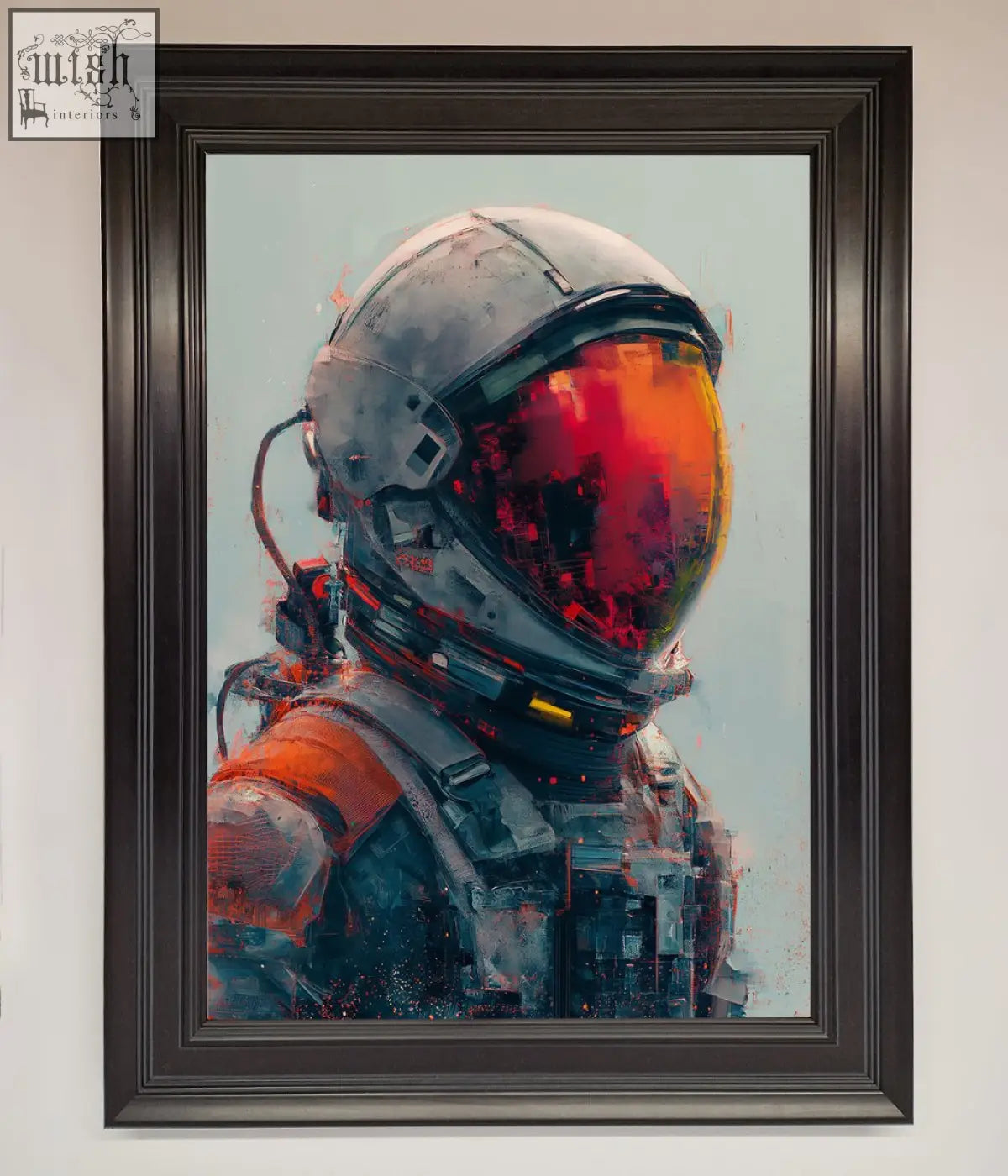 Space man framed wall art featuring an astronaut helmet with orange visor and metallic gray suit on muted background