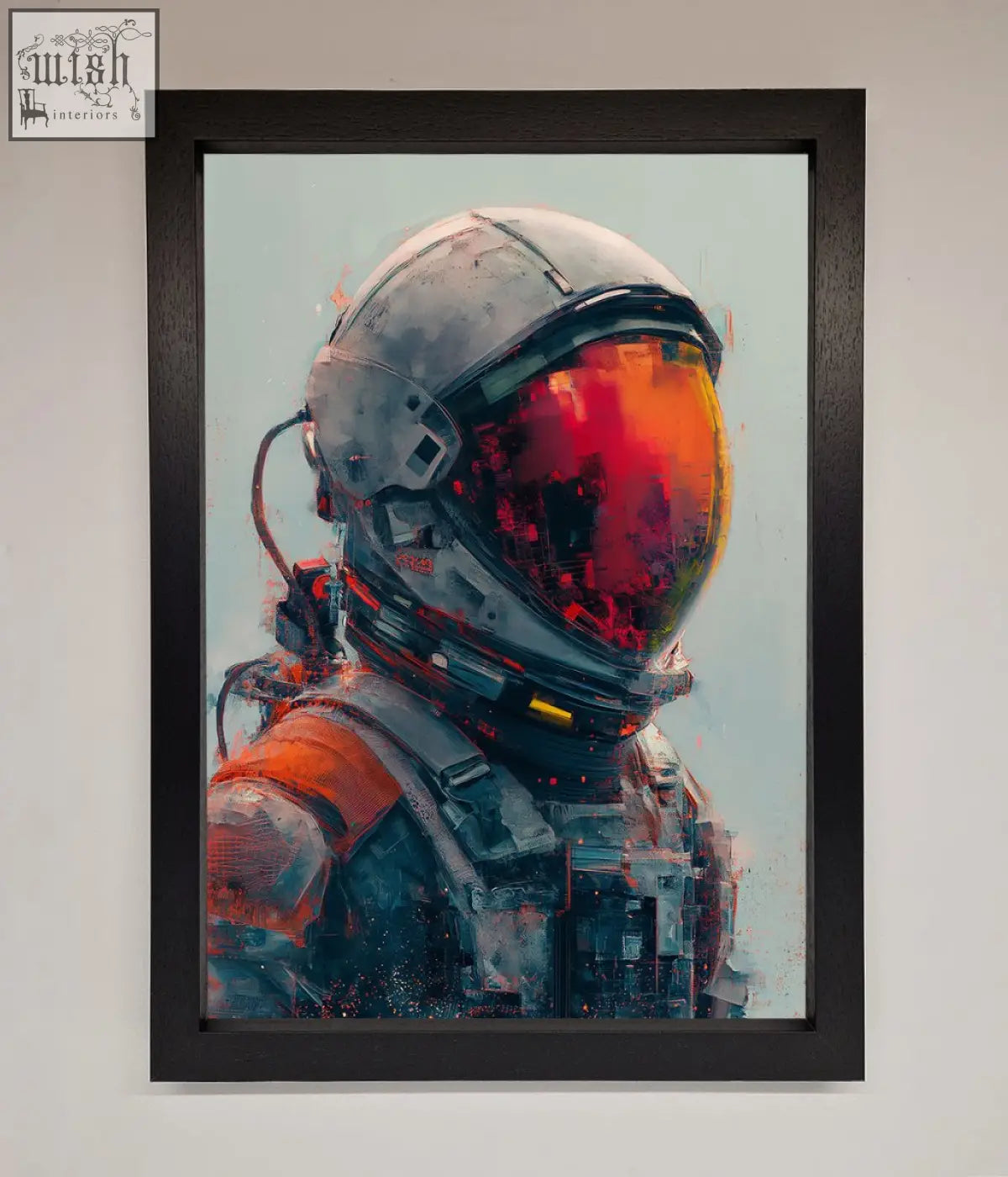 Space man framed wall art showing an astronaut helmet with orange visor and gray metal exterior on muted background