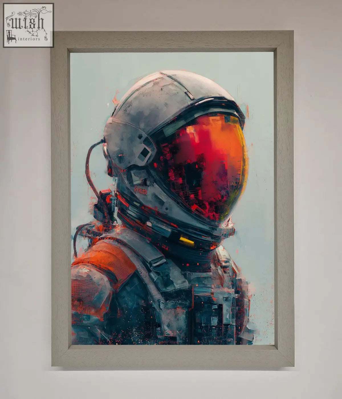 Space man framed wall art showing a futuristic astronaut helmet with a red visor and metallic gray shell on abstract background