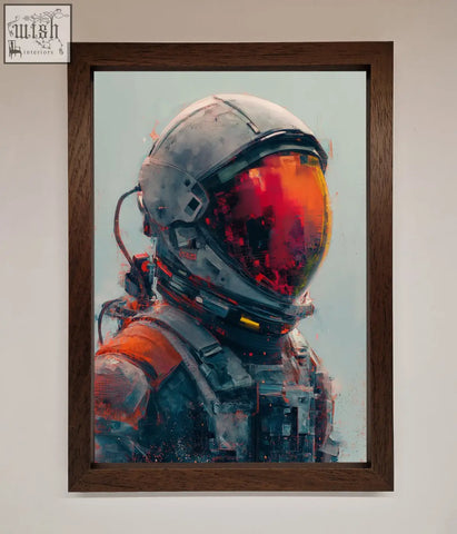 A space man framed wall art featuring an astronaut helmet with a red visor and metallic gray exterior on a muted background