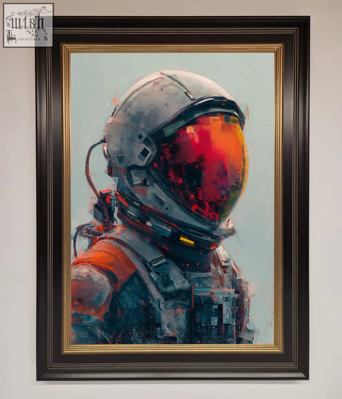 Space man framed wall art featuring an astronaut in a gray helmet with red visor in a dark brown and gold frame