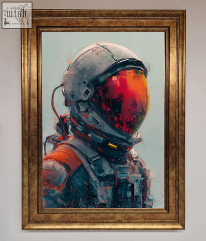 A space man framed wall art featuring an astronaut in a silver helmet with an orange reflective visor and orange gray suit