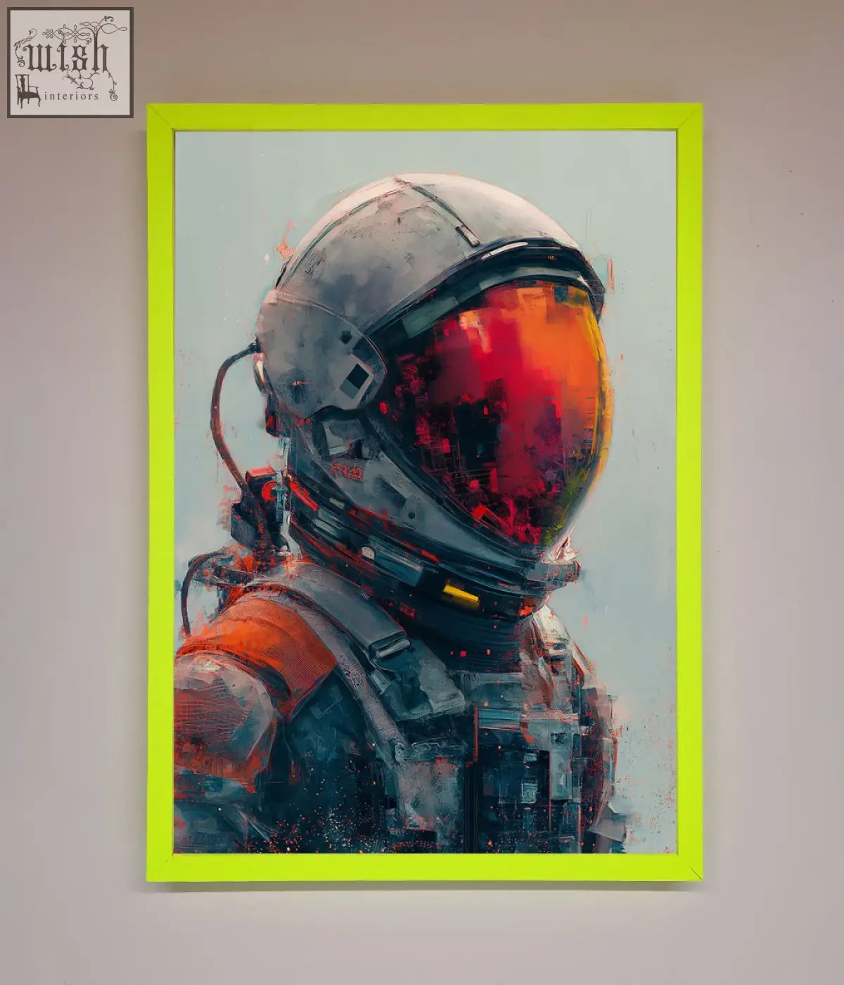 Space man framed wall art featuring a neon green frame with a futuristic astronaut helmet and reflective orange visor