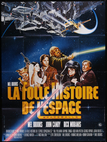 Spaceballs 1987 original french one panel movie poster with bold yellow lettering and mel brooks on dark blue space backdrop