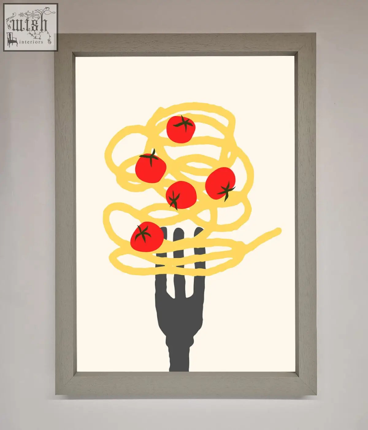 A spaghetti folk framed print showing a black fork holding yellow spaghetti with red tomatoes in a stylized design