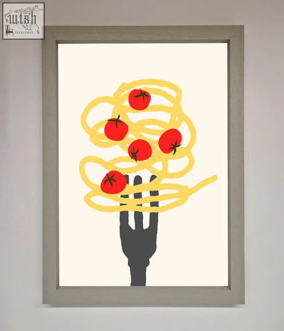 A spaghetti folk framed print showing a black fork holding yellow spaghetti with red tomatoes in a stylized design