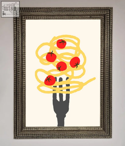 A spaghetti folk framed print showing a black hand silhouette holding yellow spaghetti with red tomatoes on off-white background