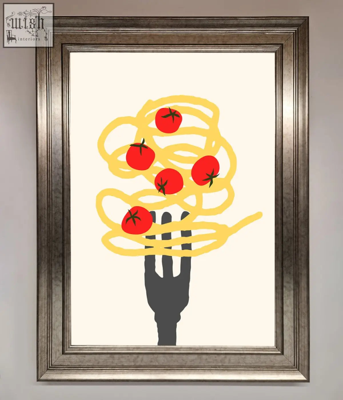 A spaghetti folk framed print showing a black fork holding yellow spaghetti and red tomatoes on off-white background