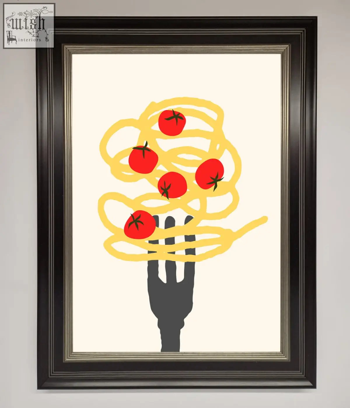 A spaghetti folk framed print showing a black hand silhouette holding yellow spaghetti with red tomatoes on off-white background
