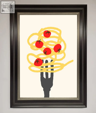 A spaghetti folk framed print showing a black hand silhouette holding yellow spaghetti with red tomatoes on off-white background