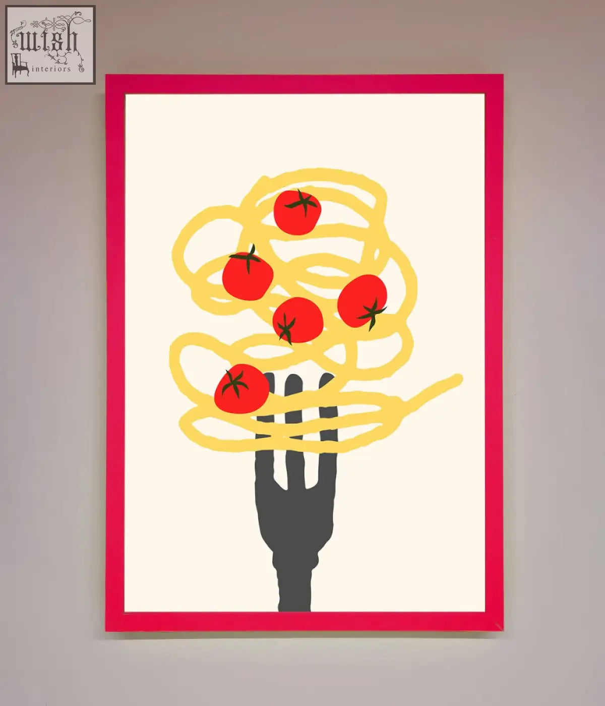 A vibrant red-framed spaghetti folk framed print featuring a black fork holding yellow spaghetti and red tomatoes on off-white