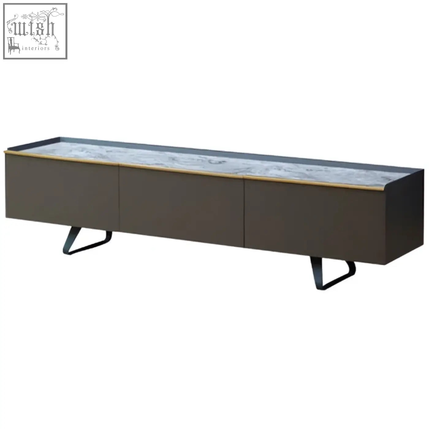 Modern dark gray media unit with grey marble top and sleek metal legs for stylish modern storage