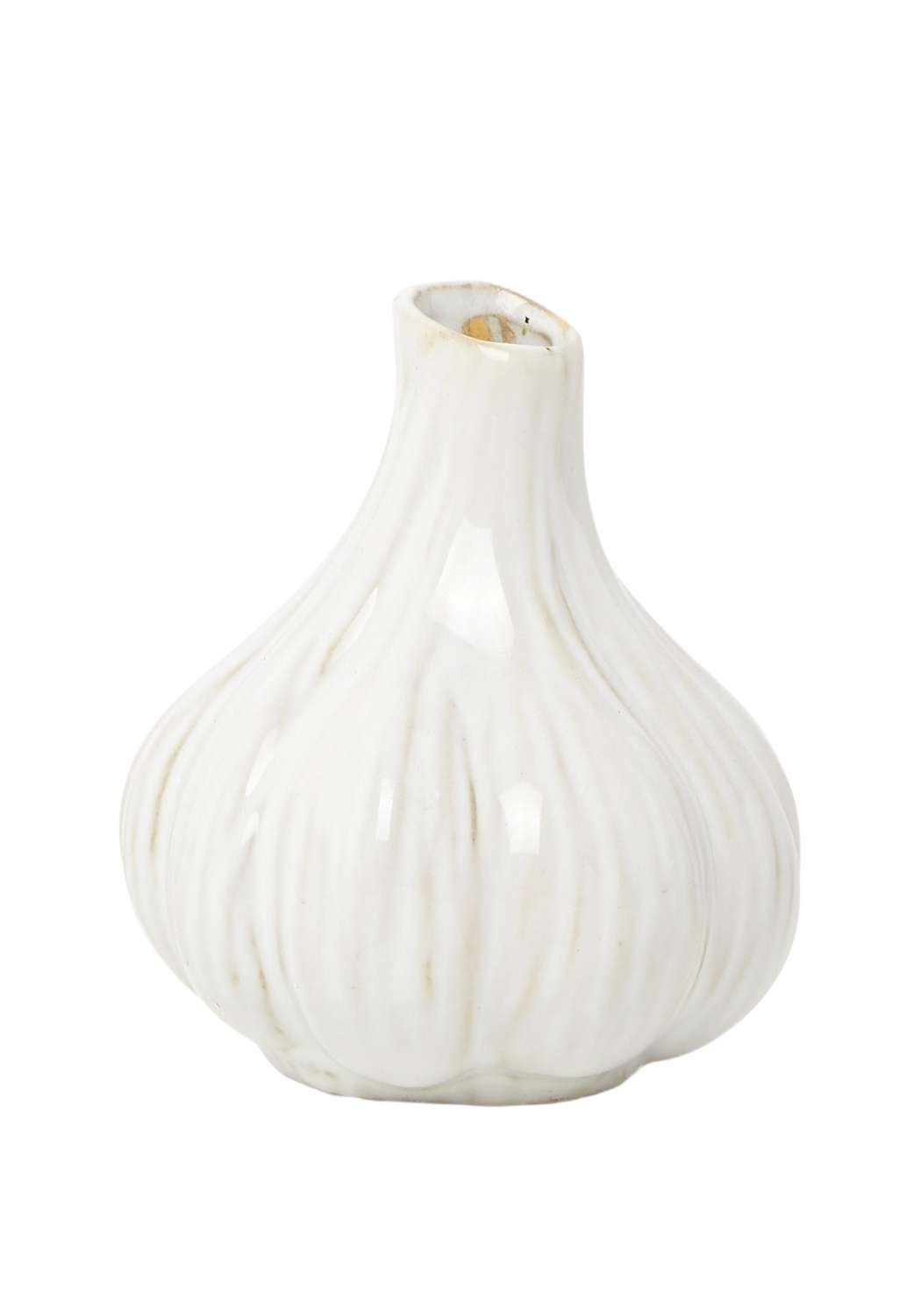 White ceramic garlic bud vase with glossy finish and subtle vertical ridges to spice up your space