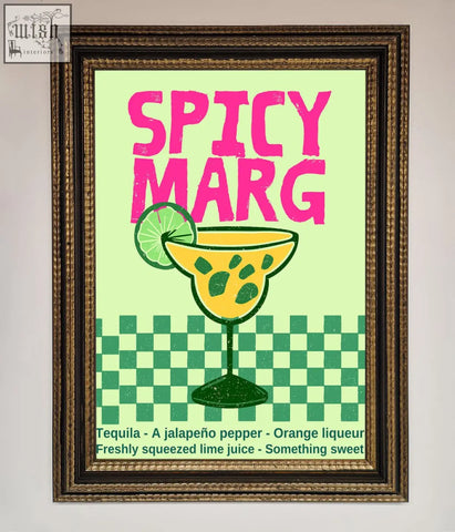 A spicy marg framed poster showing a vibrant yellow margarita glass with lime on a mint green checkered background