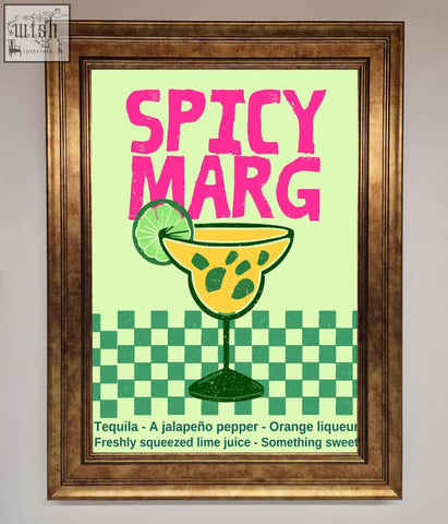 A vibrant lime-green spicy marg framed poster featuring a yellow margarita glass with green garnish and bold pink text