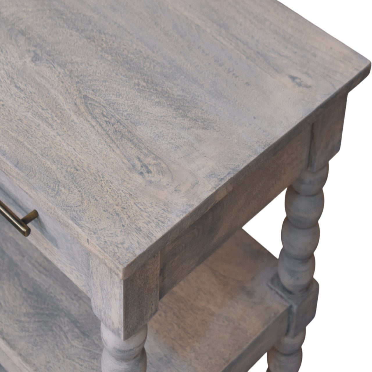 Gray distressed spindle acid wash side table with spindle legs and single drawer made of solid mango wood