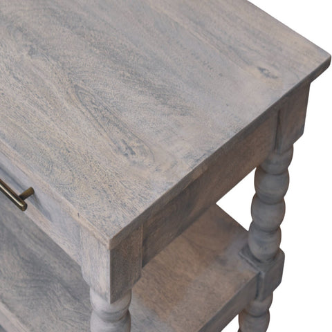 Gray distressed spindle acid wash side table with spindle legs and single drawer made of solid mango wood
