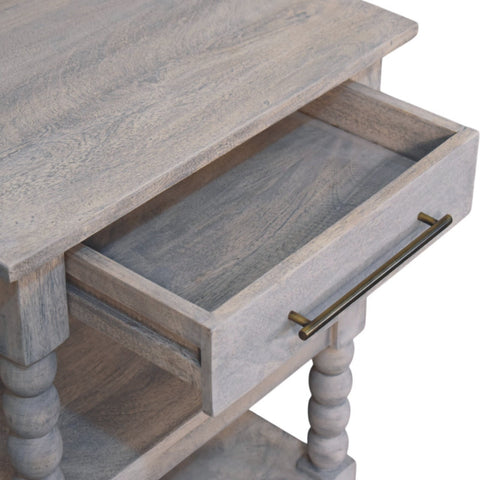Gray distressed spindle acid wash side table with single drawer and turned legs made of solid mango wood