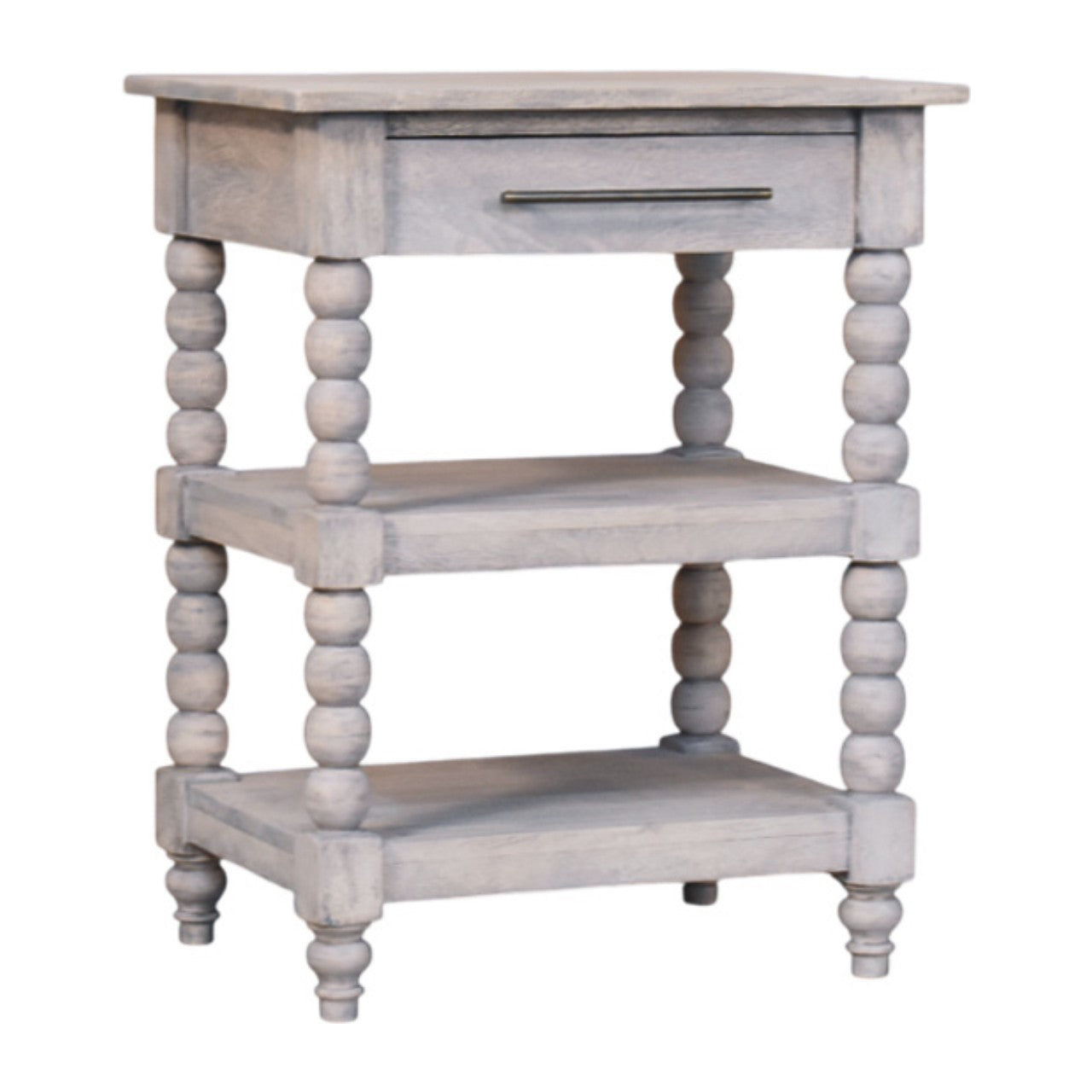 Gray distressed solid mango wood spindle acid wash side table with turned bead legs and single drawer nightstand