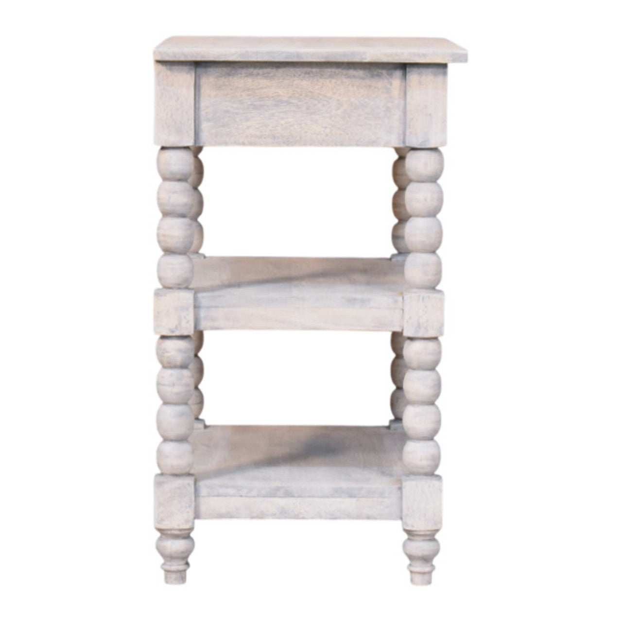 A light gray spindle acid wash side table with three shelves and turned bead legs made of solid mango wood