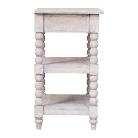 A light gray spindle acid wash side table with three shelves and turned bead legs made of solid mango wood