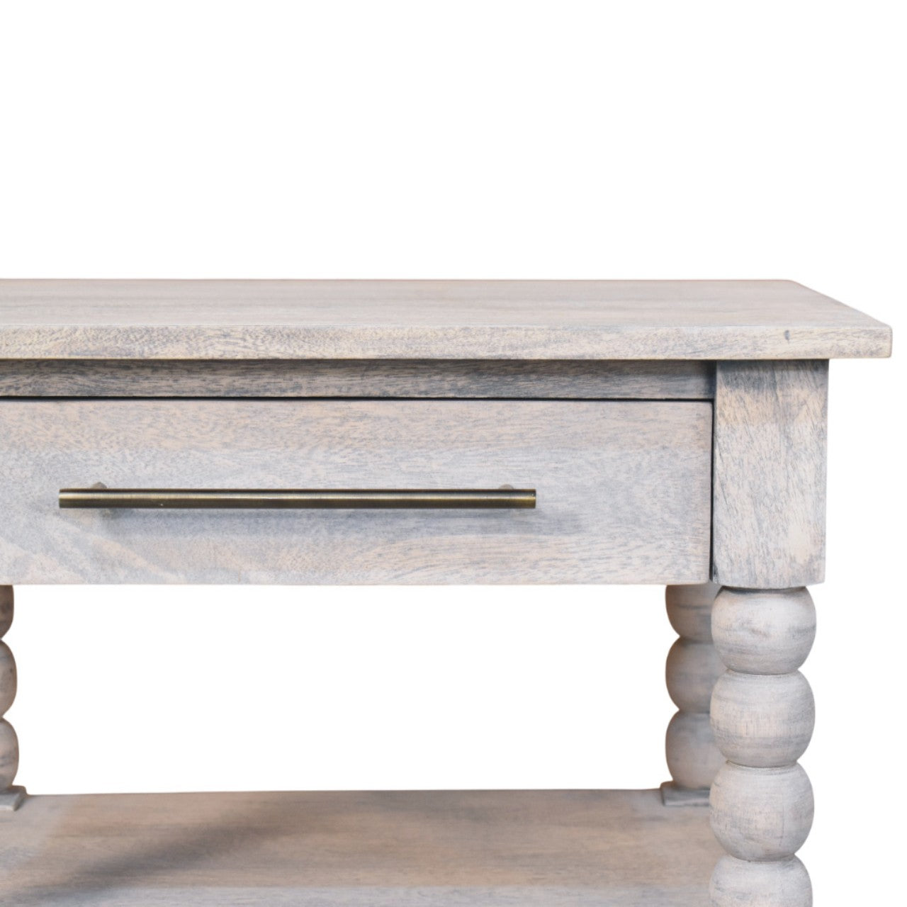 A rustic white-washed spindle acid wash side table with a single drawer and turned ball legs made of solid mango wood
