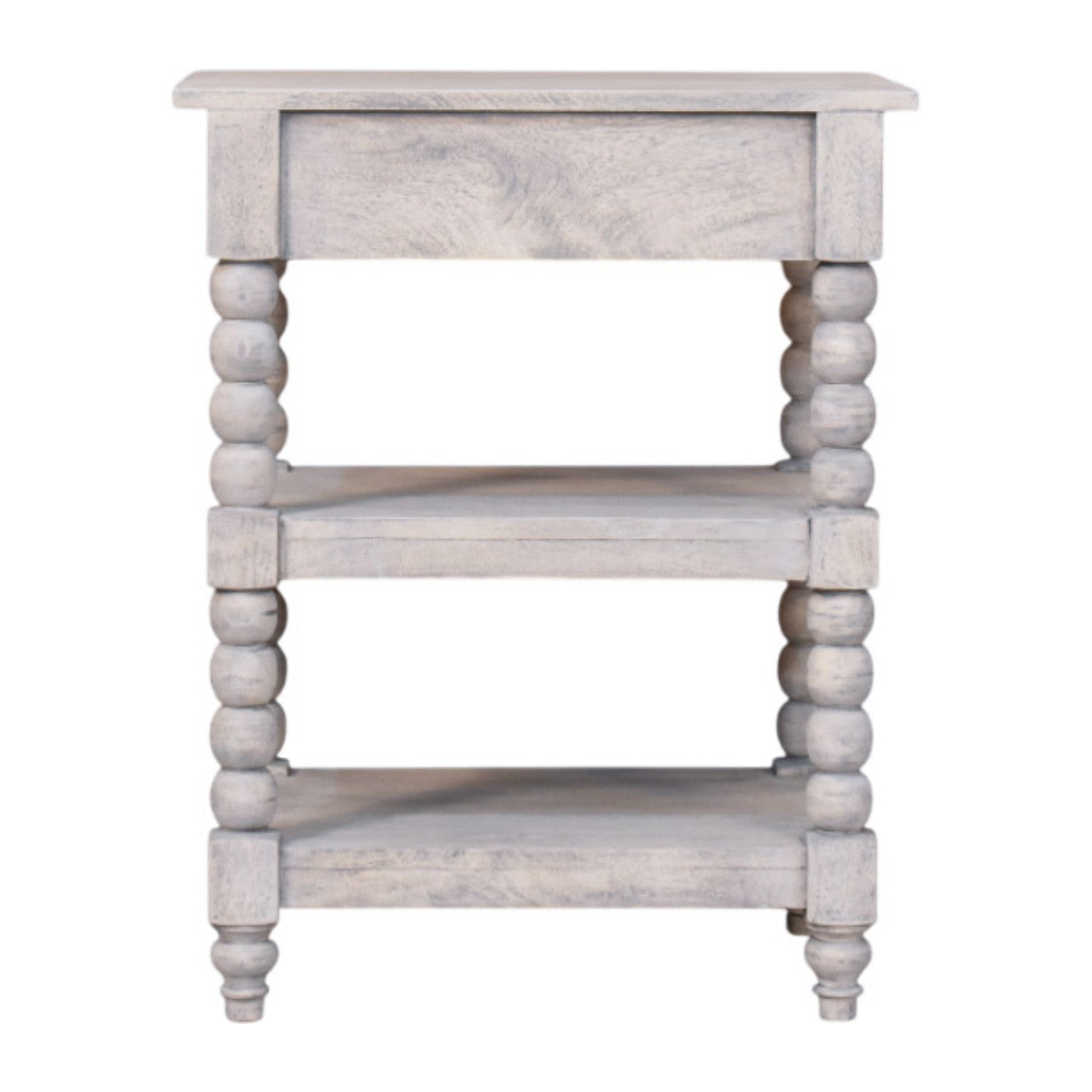 A rustic white-washed spindle acid wash side table with three shelves and turned bead legs made of solid mango wood