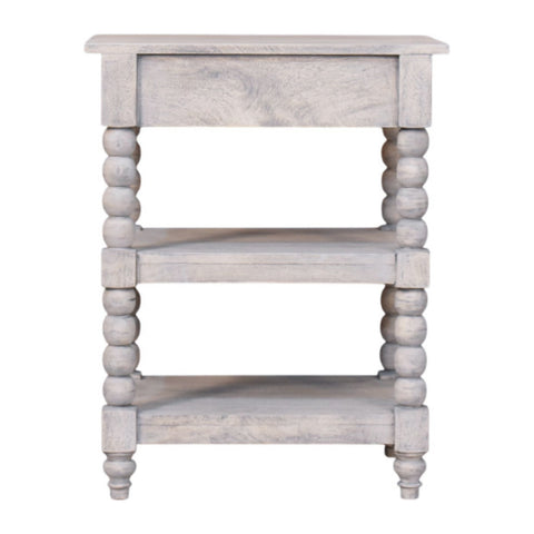 A rustic white-washed spindle acid wash side table with three shelves and turned bead legs made of solid mango wood