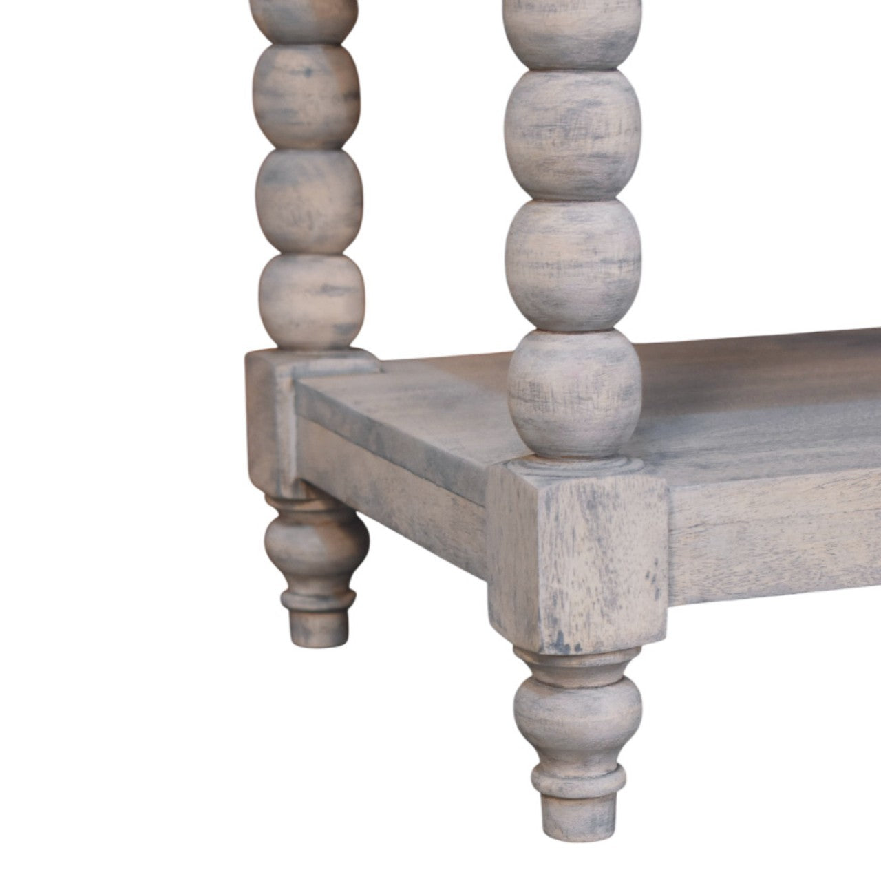 Rustic spindle acid wash side table with weathered gray finish and turned spindle legs made of solid mango wood