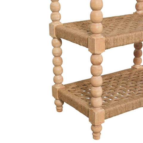 Beige woven rope spindle console table with turned wooden spindle legs and two drawers in stone driftwood finish