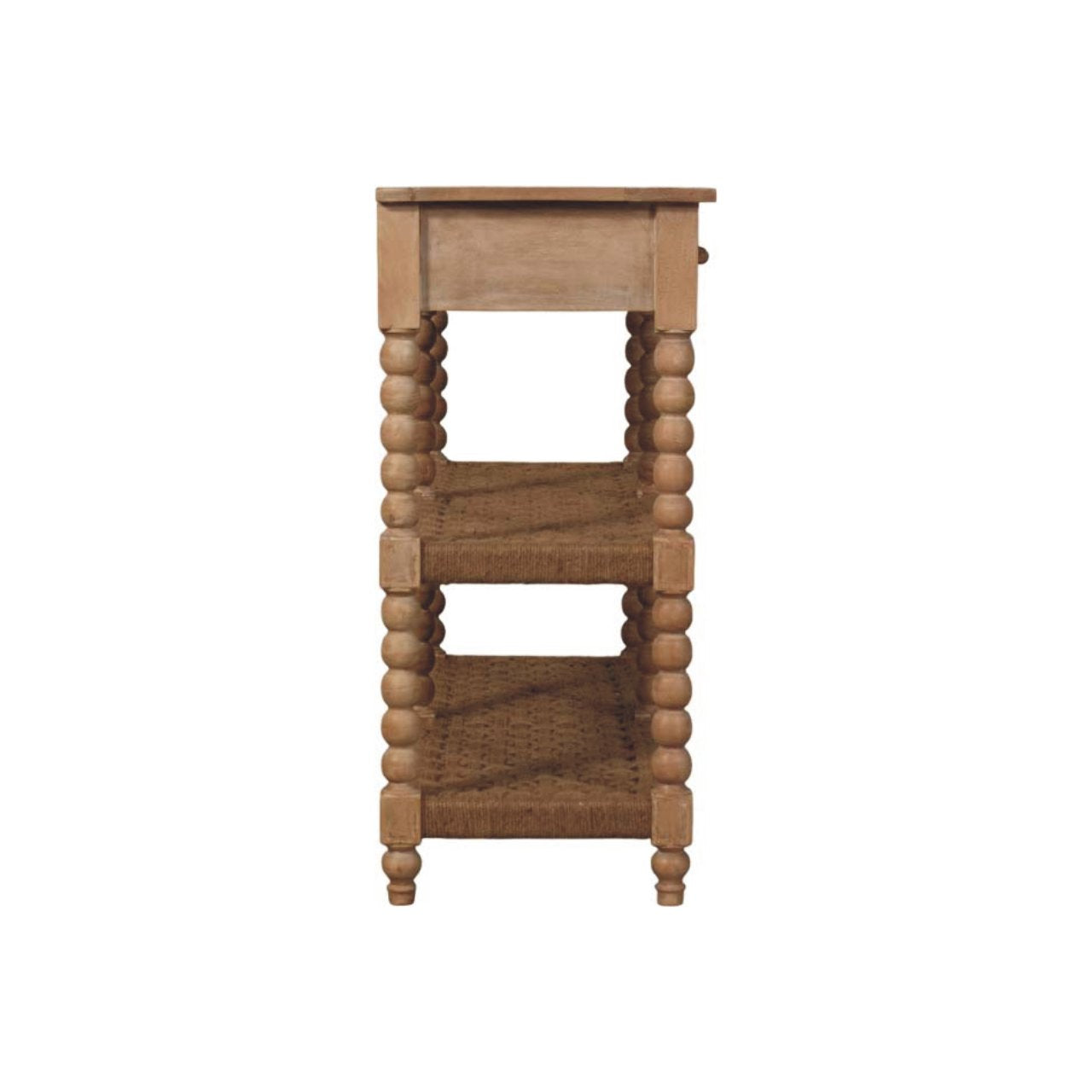 Light brown spindle console table with two drawers bead-like turned legs and woven wicker shelves in stone driftwood finish