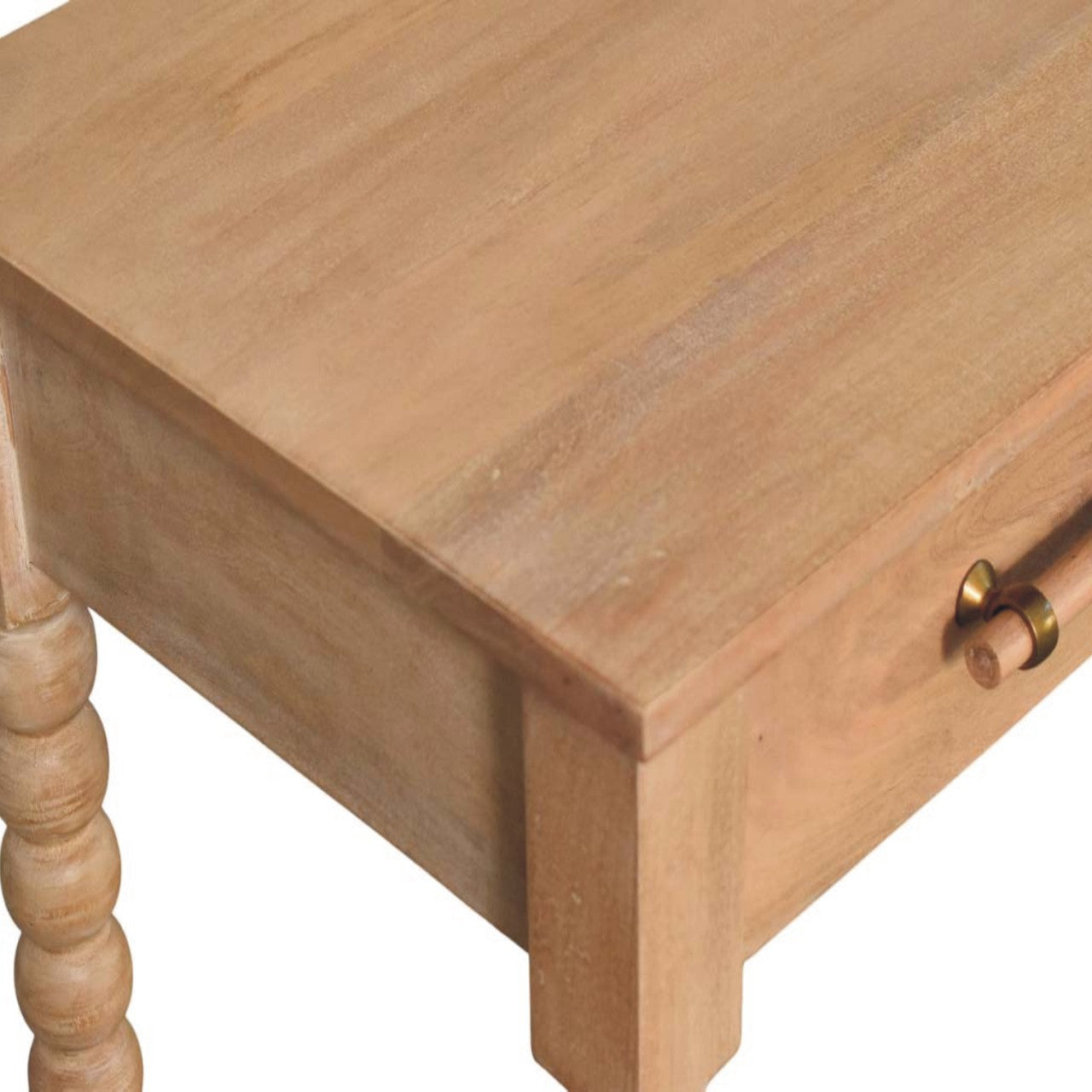 Light-colored wooden spindle console table with single drawer and brass handles in stone driftwood finish