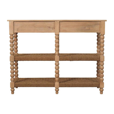 Light-colored spindle console table with stone driftwood finish featuring three tiers with woven rope shelves and turned bead legs