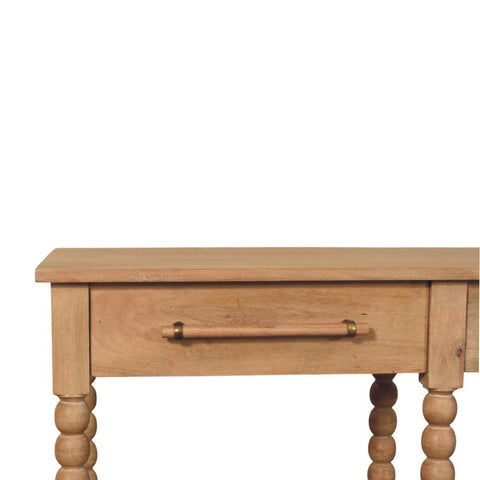 Light-colored wooden spindle console table with turned spindled legs stone driftwood finish and single drawer