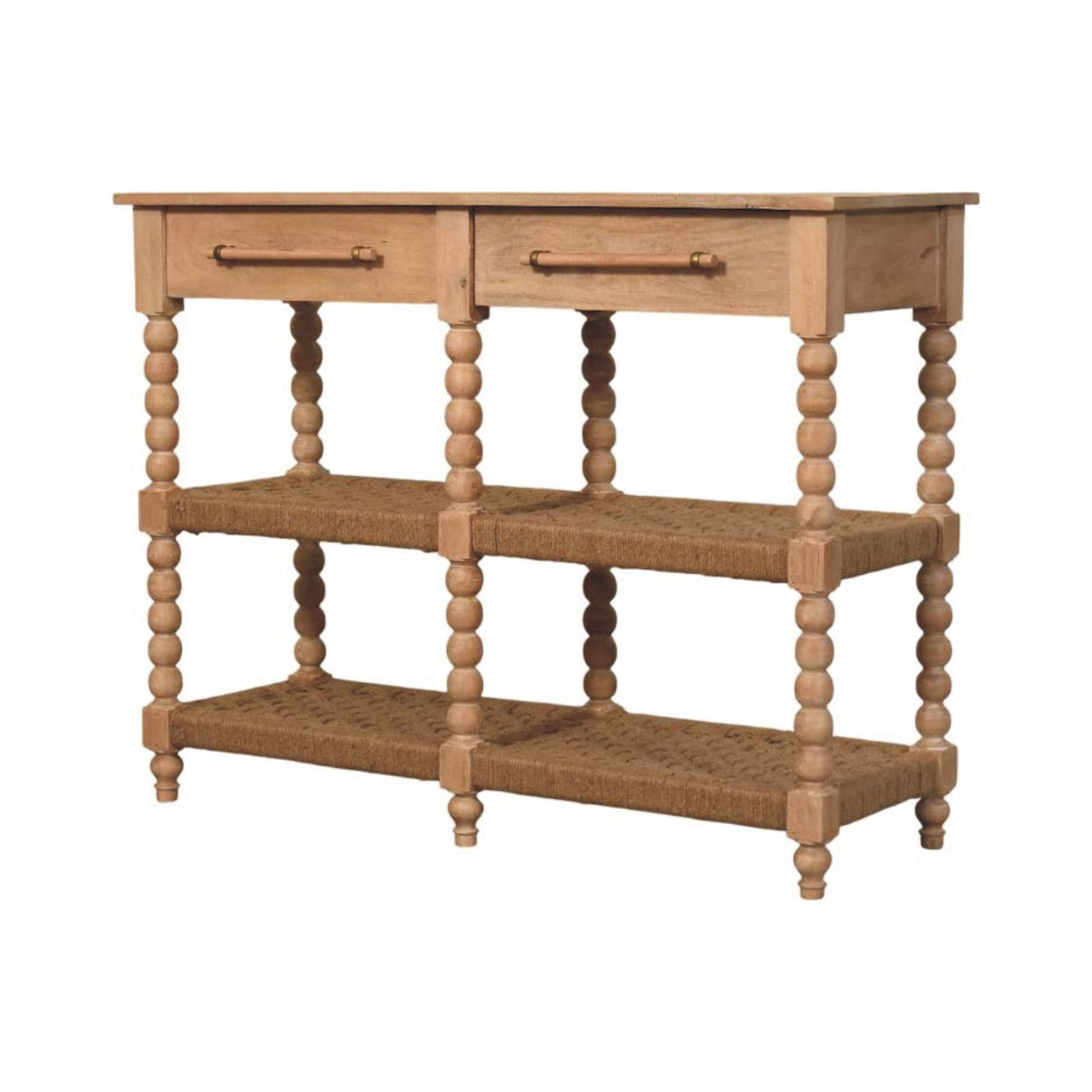 Light oak spindle console table with two drawers and three woven wicker shelves in stone driftwood finish