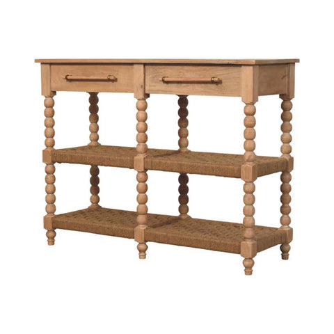 Light oak spindle console table with two drawers and three woven wicker shelves in stone driftwood finish