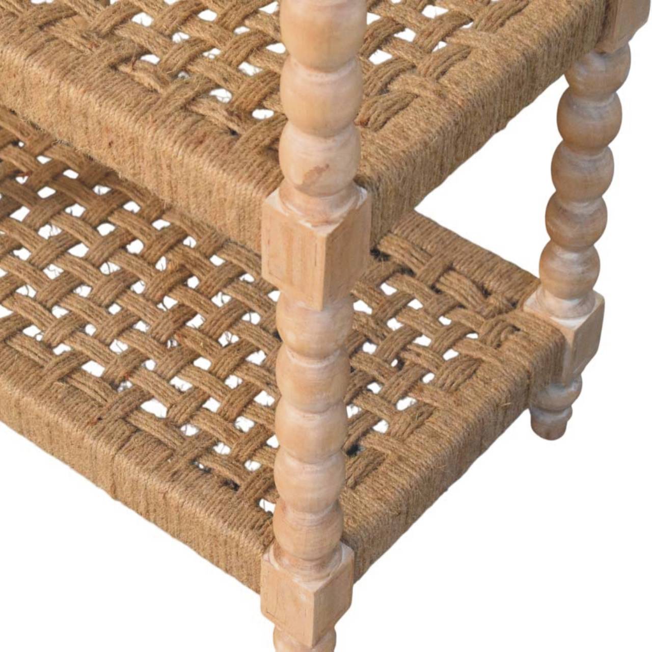 Two-tiered spindle console table with natural wood frame and woven jute rope shelves in stone driftwood finish