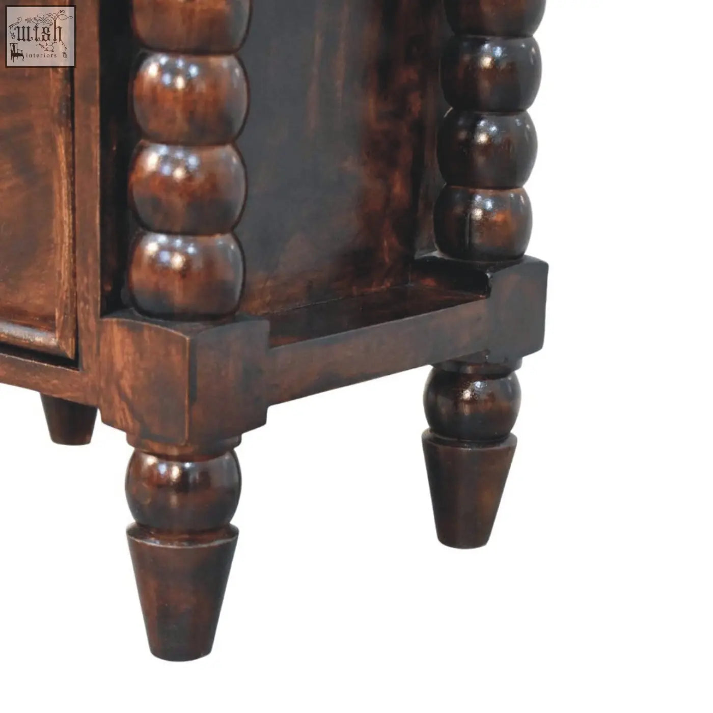 Dark brown wooden spindle duo bedside cabinet with turned bead detailing on legs and frame