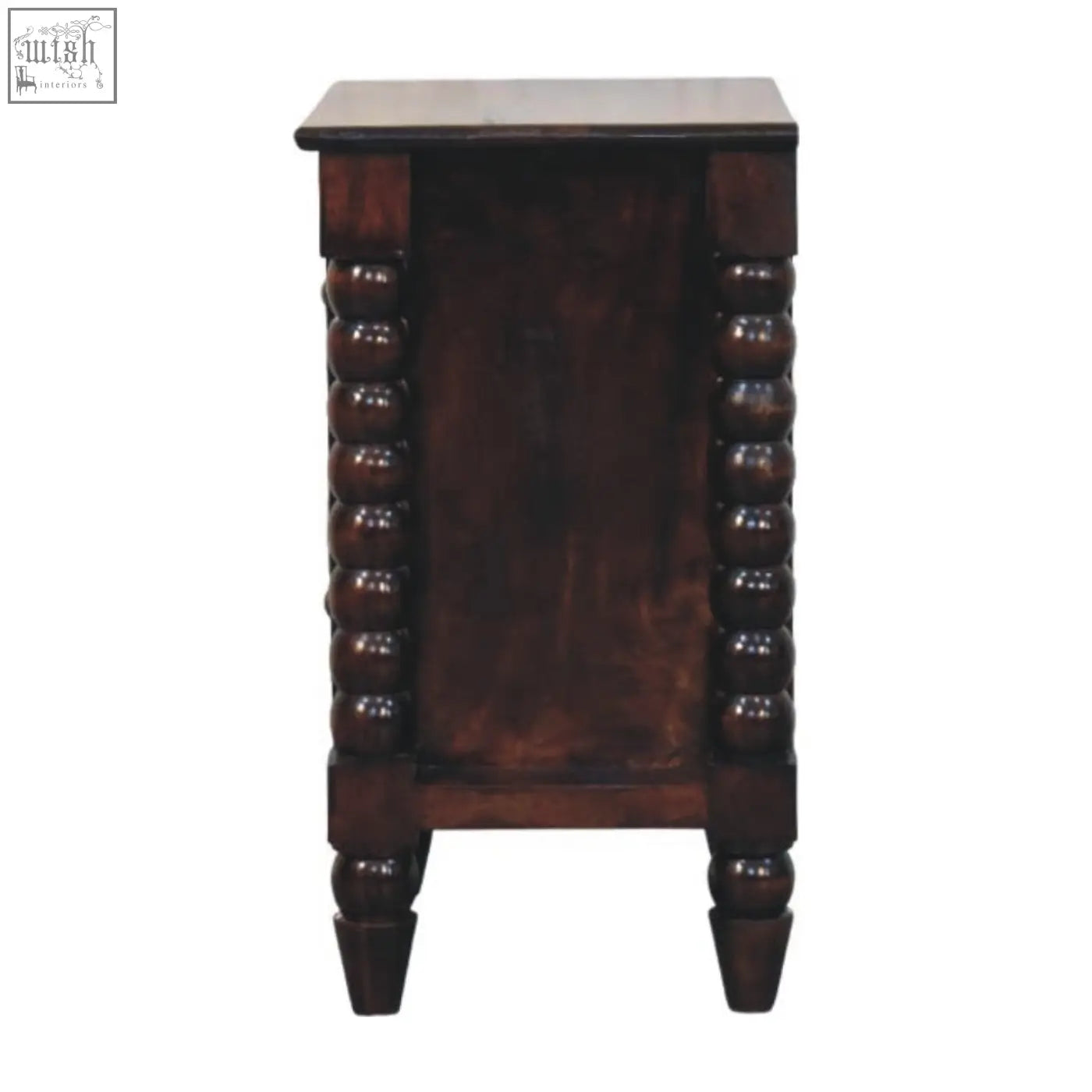 Dark brown wooden spindle duo bedside table with decorative bead detailing on legs and frame
