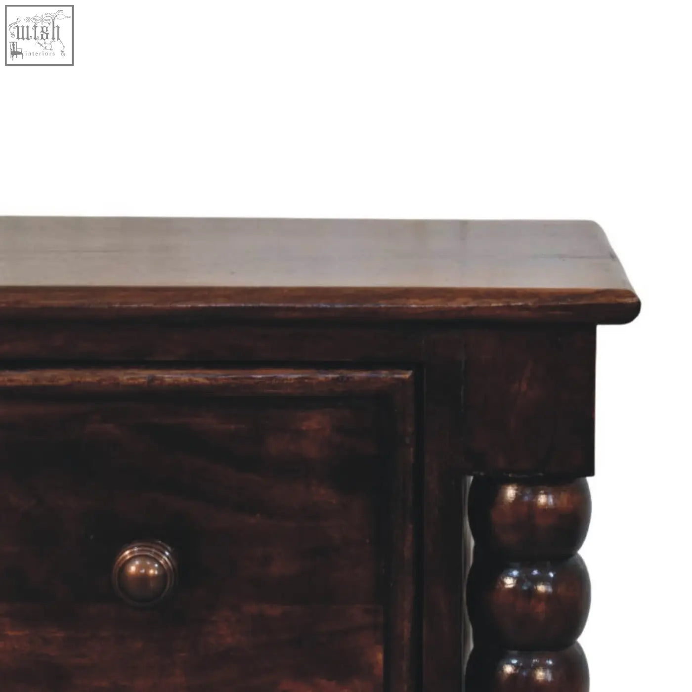 Dark brown wooden spindle duo bedside nightstand with polished finish round brass knob and turned wood legs